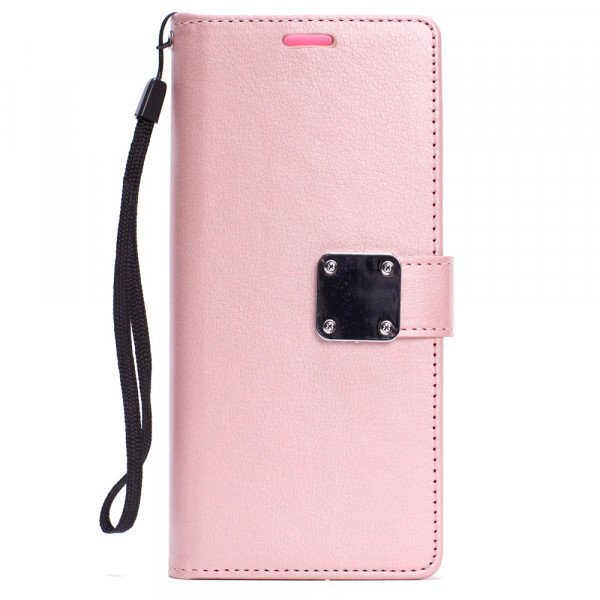 Wholesale Galaxy Note 9 Multi Pockets Folio Flip Leather Wallet Case with Strap (Rose Gold)